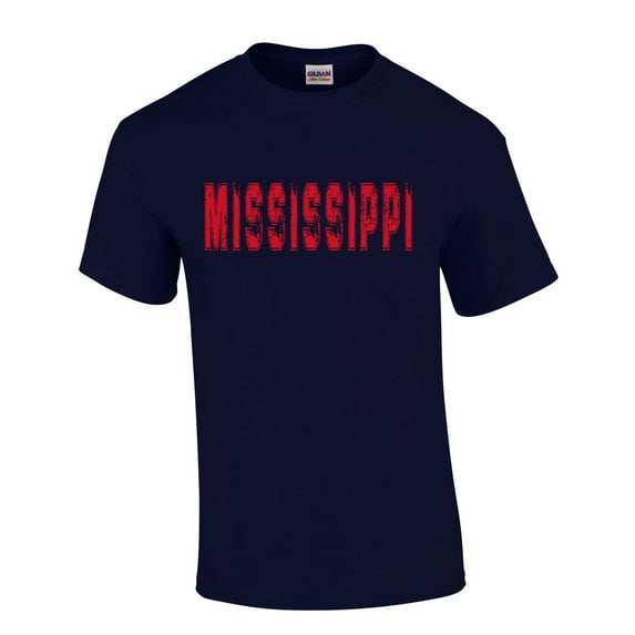Mississippi Tshirt Football Team Color Navy and Red Distressed Mississippi State Name Rebel Mens Short Sleeve T-shirt Graphic Tee-Navy-xl