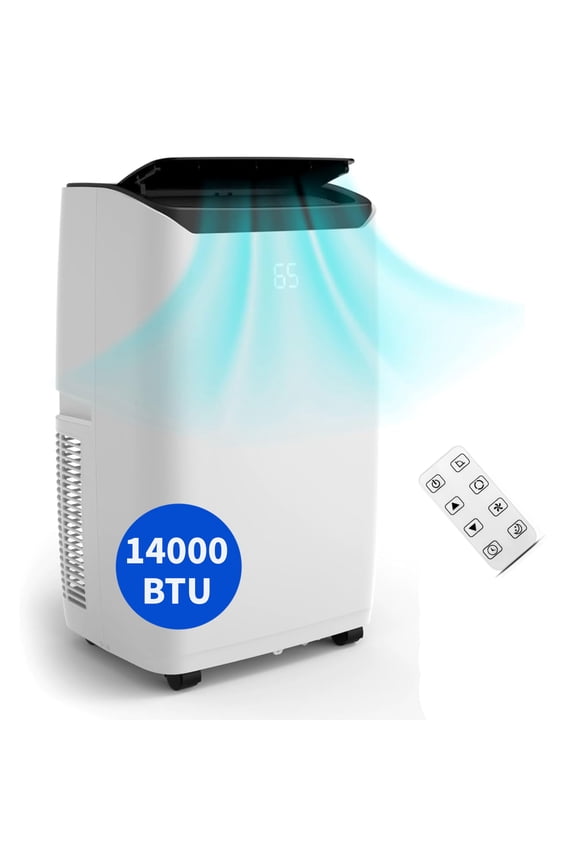 14000 BTU Portable Air Conditioner with Remote Control, 3-In-1 Small AC Unit W/Window Kit for Room to 750 sq. ft, White & Black, New