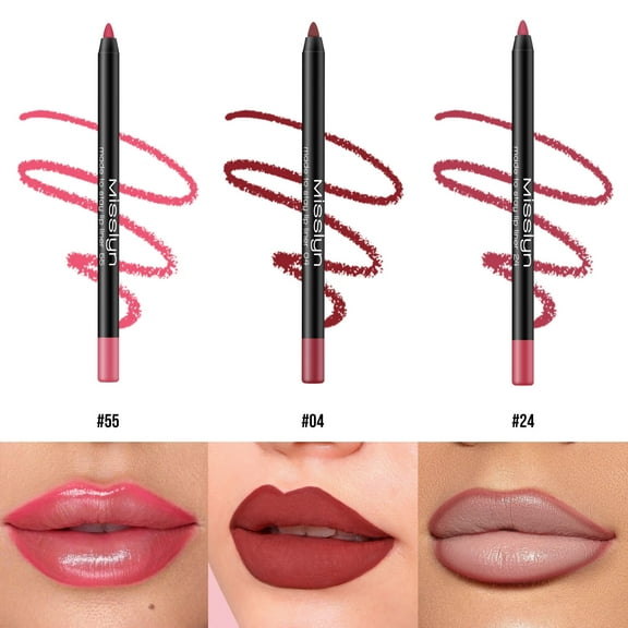 Misslyn 3PCS MADE TO STAY Lip Liner #, Creamy Color Slim Lip Pencil Long Lasting Sharpenable & Waterproof, #55 #04 #24