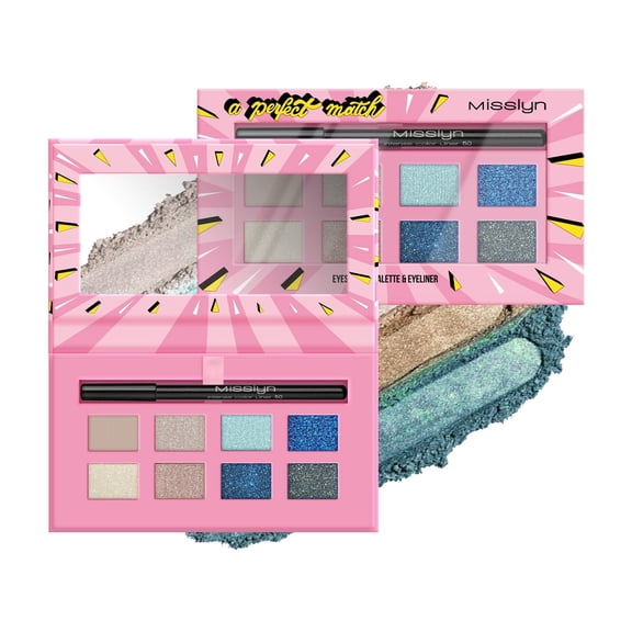 Misslyn 8 Colors Perfect Match Eyeshadow Palette with a eyeliner pencil #01 Sunny Beach, All Highly Pigmented Blending Eyeshadow Makeup Powder