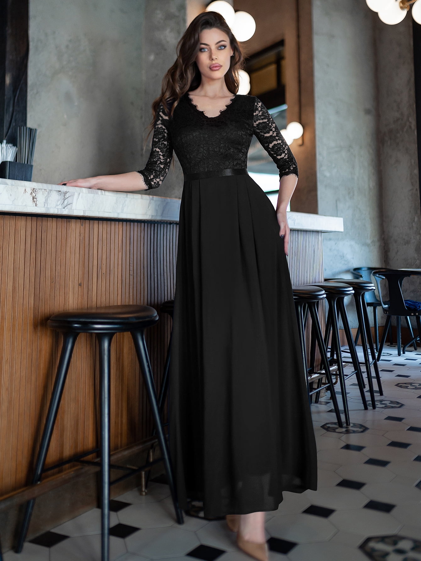 Miusol Women's Vintage Floral Lace V-Neck Evening Bridesmaid Maxi - Main Image