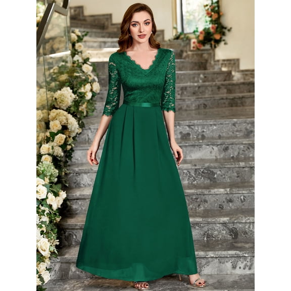 Miusol Women's Vintage Floral Lace V-Neck Evening Bridesmaid Maxi Dress