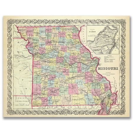 Missouri 1855 Vintage Map 11x14 Unframed–Antique Cartography Poster Reproduction with Counties Rivers Railroads & Towns, Historic Wall Art with St Louis Inset for Home Office Library/Classroom Décor