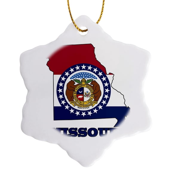 Missouri State Flag In The Outline Map And Letters For Missouri, 3 inch Snowflake Porcelain Ornament