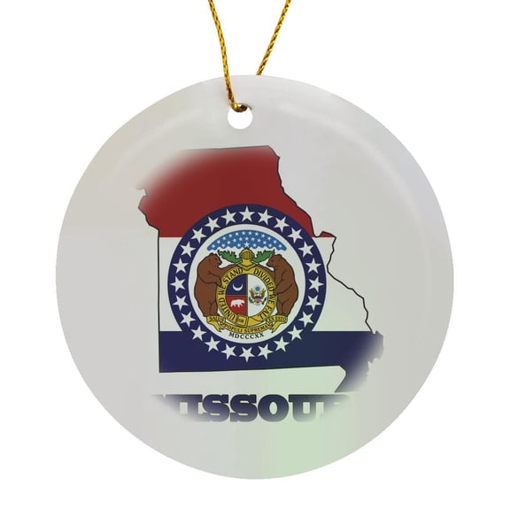 Missouri State Flag In The Outline Map And Letters For Missouri, Circle Porcelain Ornament