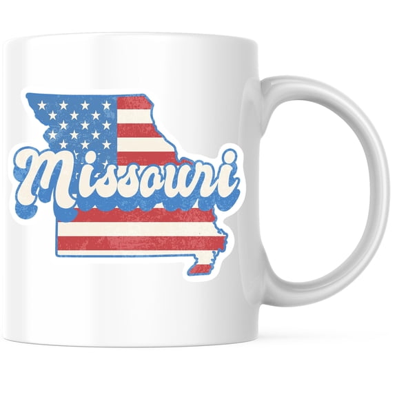 Missouri State Outline Coffee Mug - MO State Shape with USA Flag - 11 Ounce Coffee Mug - White Interior & Handle - Choose Your State - Design Printed On Both Sides - Glossy Ceramic - BMCM01151