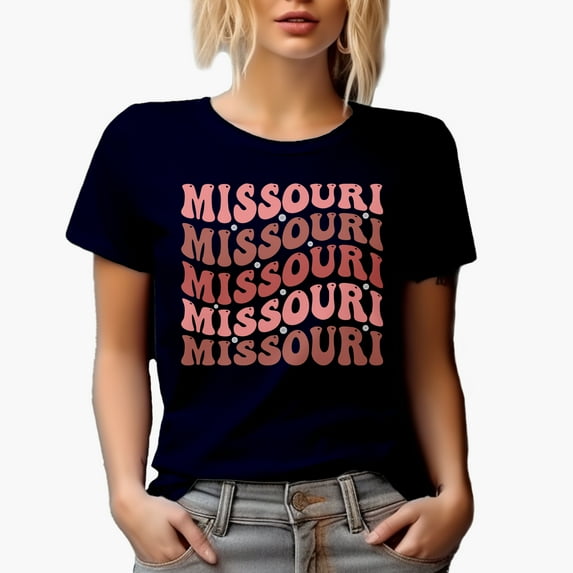Missouri, USA State Themed, Groovy Retro Wavy Text Merch Gift, Navy Blue T-Shirt, XL