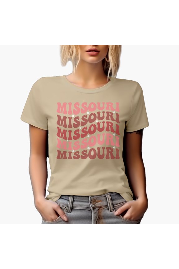 Missouri, United States of America, USA or US State Themed, Groovy Retro Wavy Text Merch Gift, Tan T-Shirt, Medium