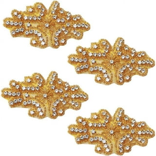 RHS-APL-032-GOLD. Clear Rhinestone Applique with Gold Beads V-Neck Style -  Hot Fix (Iron-On). 11 x 4.5 Inches