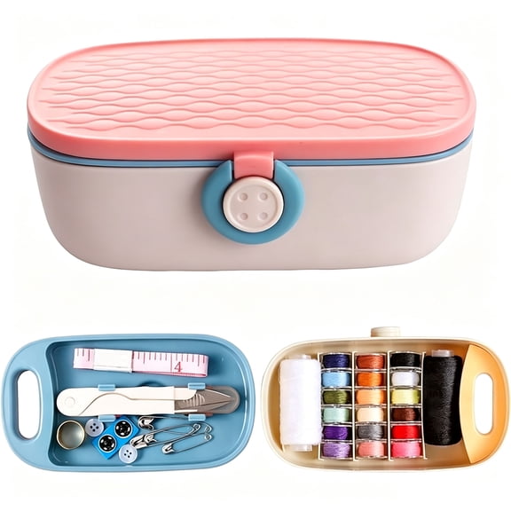 Sewing Kit, Portable Kit for Adults, Plastic Box Needle and Thread Accesories Supplies Pink 15.5x6cm