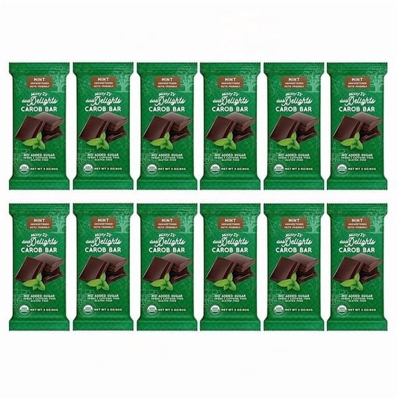 Missy J's Organic Carob Dark Delights Unsweetened Mint Candy Bar, Healthy Low Calorie Snacks 12 Pack