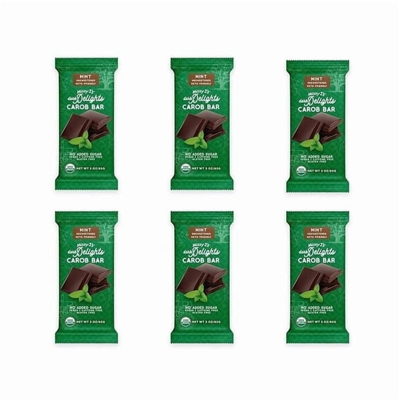 Missy J's Organic Carob Dark Delights Unsweetened Mint Candy Bar, Healthy Low Calorie Snacks 6 Pack