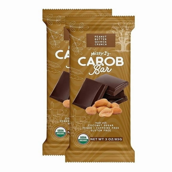 Missy J's Organic Carob Peanut Butter Candy Bar, Vegan Gluten-Free Healthy Snack Low Calorie Snacks 2 Pack
