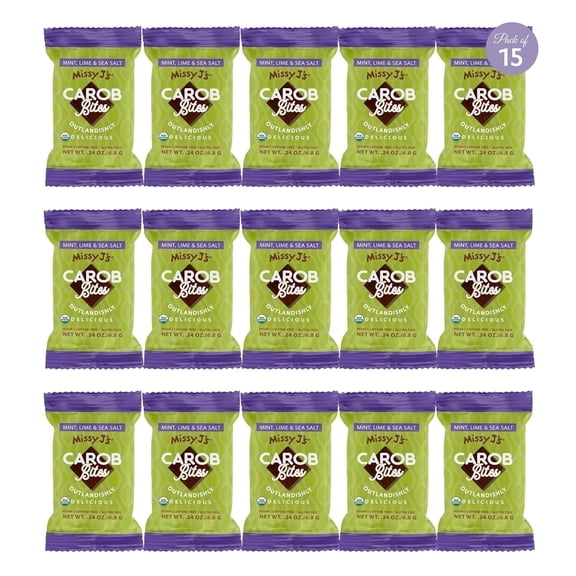 Missy J's Organic Minty Mint Carob Mini Bites Vegan, Healthy Snack, Low Sugar Chocolate 15 Packs
