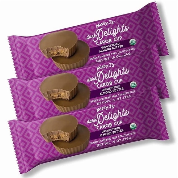Missy Js Organic Unsweetened Almond Carob Cups 0.9 oz 3 Pack Gluten-Free Healthy Snack