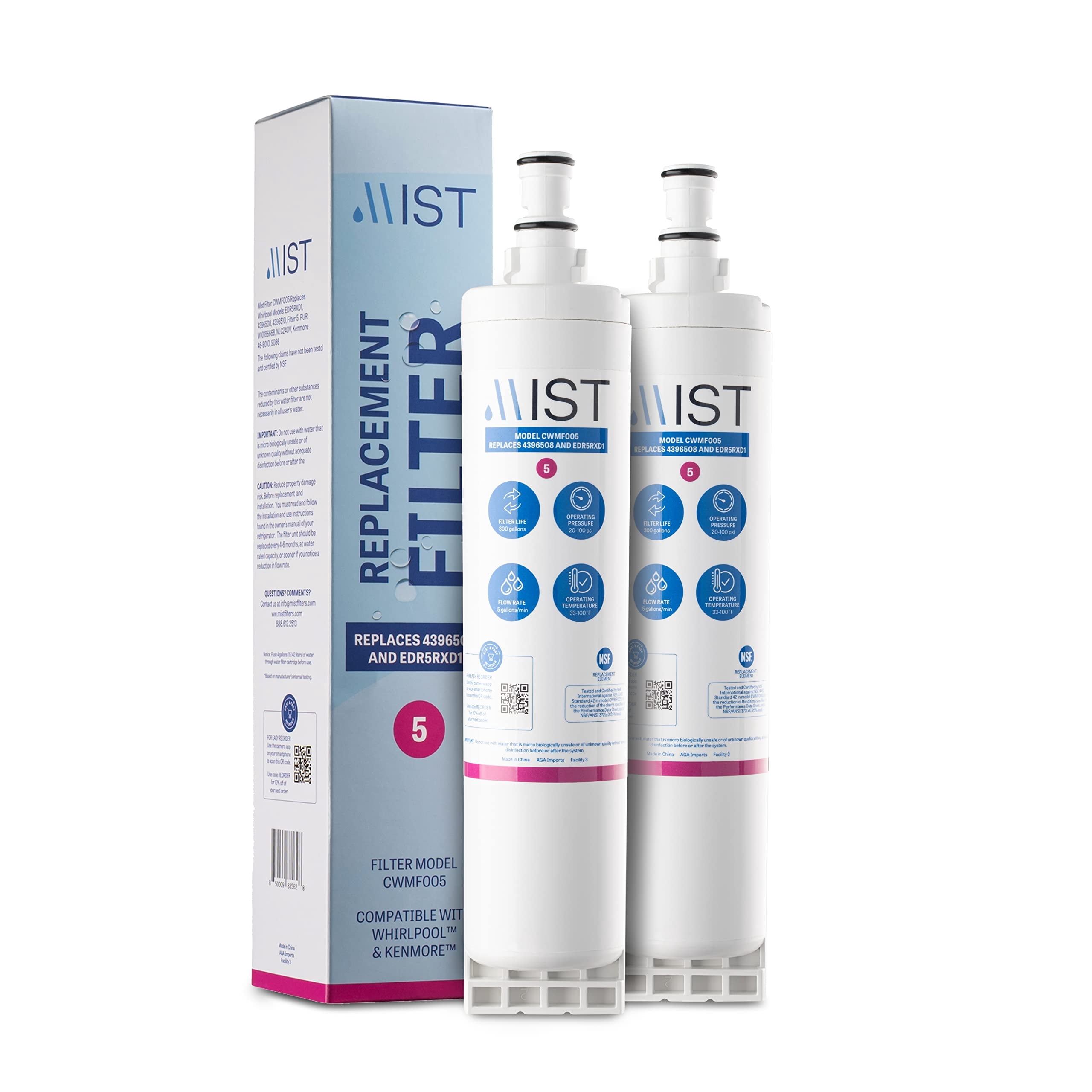 Mist 4396508 Refrigerator Water Filter Replacement Cartridge for Whirlpool EDR5RXD1, Compatible with EveryDrop Filter 5, 4396510, RWF0500A, NLC240V, Kenmore 46-9010, 9086. Whirlpool Filter, 2-Pack