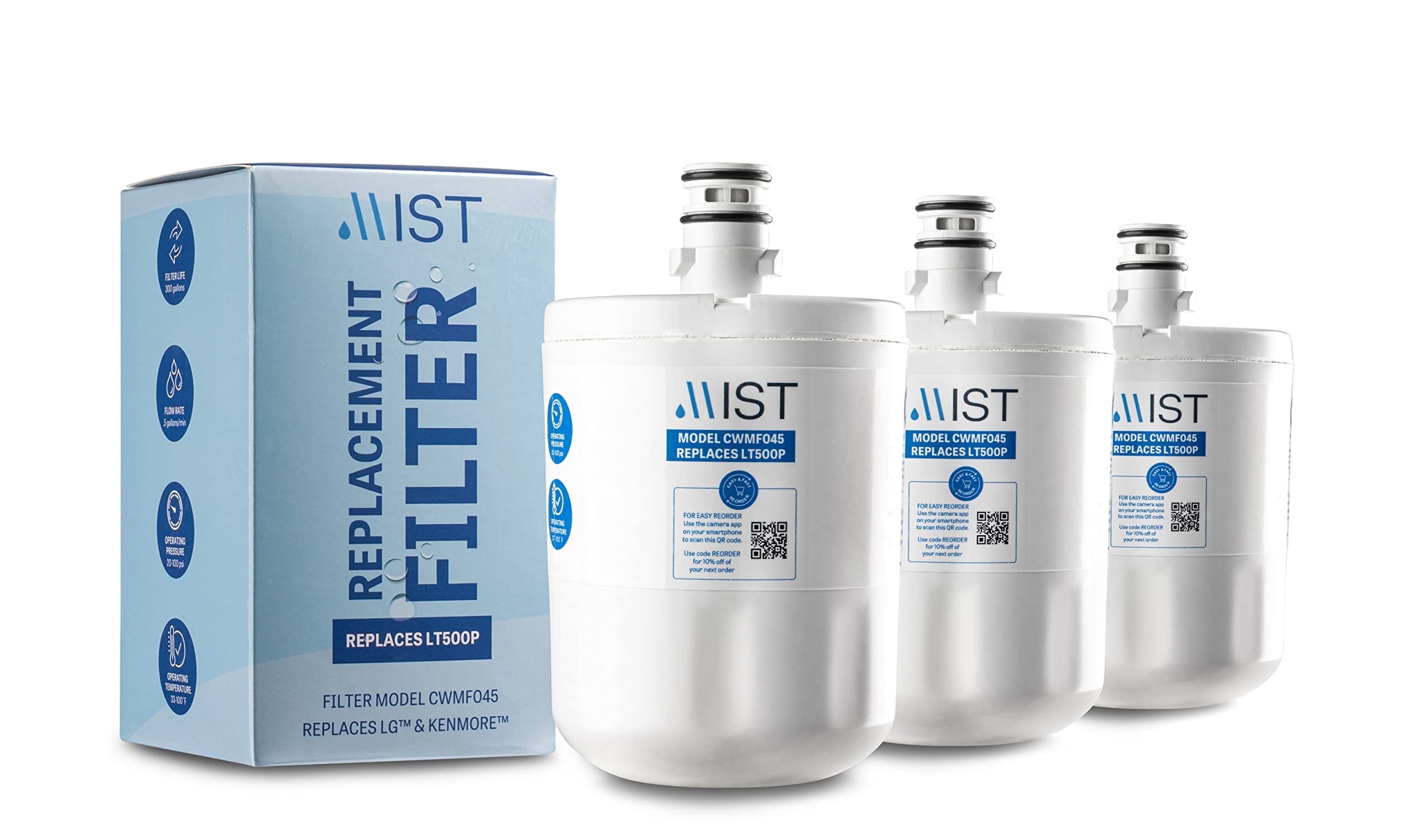 Mist LT500P Refrigerator Water Filter Replacement for LG, Compatible with 5231JA2002A, GEN11042FR-08, ADQ72910911, ADQ729109012, Kenmore 9890, LFX25974ST, LMX25964ST, 3-Pack
