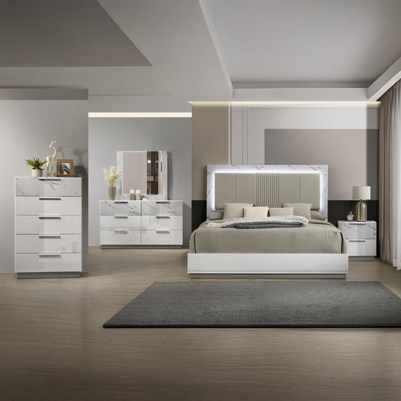 Mist 5PC Queen bedroom Set made with Wood Lacquer & Marble Detailing in White