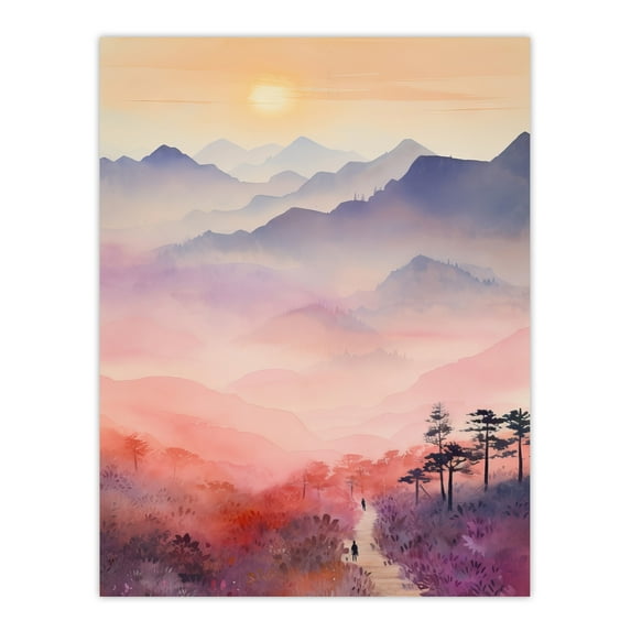 Mist At Sunrise Over Purple Mountains Enchanting Watercolour Extra Large XL Wall Art Poster Print