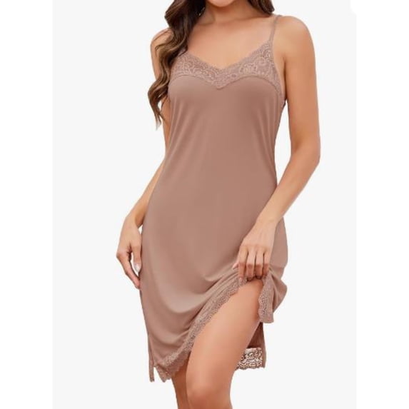 Mist Azur Women’s Dreamy Soft Collection Lace Front Knit Chemise Side Slit V Neck Loungewear 3760