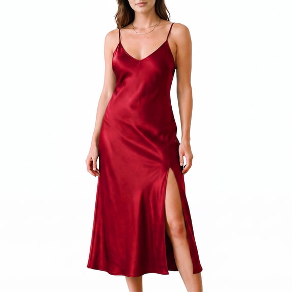 Mist Azur Women's Long Satin Slip Dress Nightgowns Sexy Lingerie Adjustable Strap Midi Dress Silky Gown V Neck Under Dress 3217