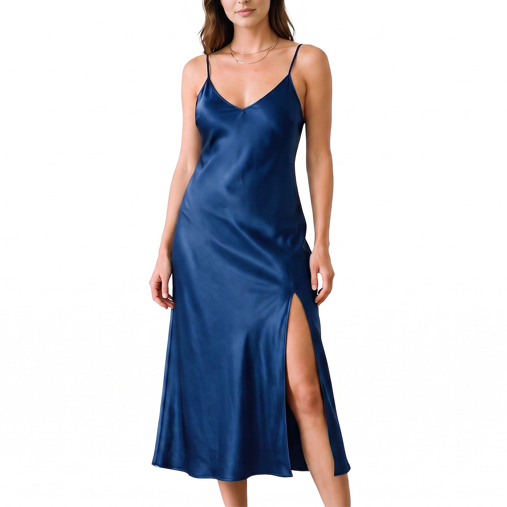 Mist Azur Women's Long Satin Slip Dress Nightgowns Sexy Lingerie Adjustable Strap Midi Silky Dresses Gown V Neck Under Dress 3217