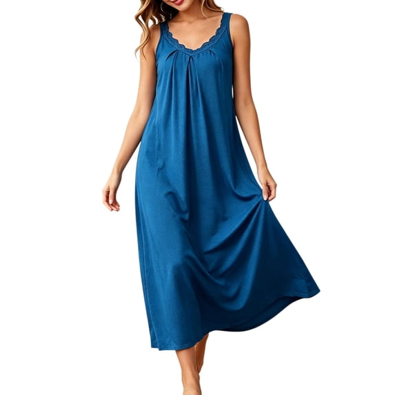 Mist Azur Women's Nightgown Sleeveless Sleepshirt Long Maxi Pajama Dress Nightshirt V-Neck Soft Lace Loose Nightgown Sleepwear 3757
