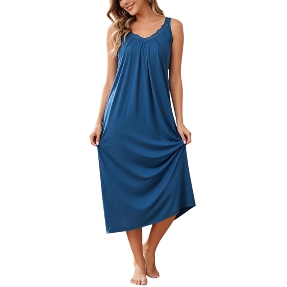Mist Azur Women's Nightgown Sleeveless Sleepshirt Long Maxi Pajama Dress Nightshirt V-Neck Soft Lace Loose Nightgown Sleepwear 3757