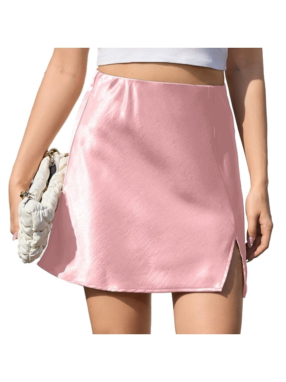 Mist Azur Women's Satin Silky Mini Skirt High Waist A-Line Short Skirts Solid Slit Front Skirts for Women