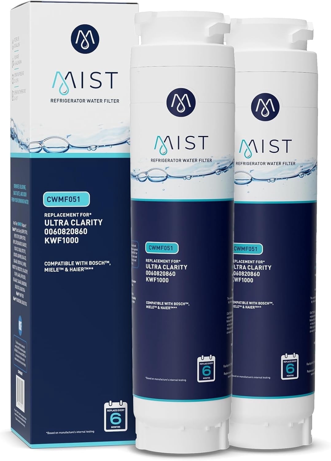 Mist Ultra Clarity Refrigerator Water Filter Replacement Cartridge for Bosch, Compatible with 644845, 9000077104, 9000194412, Haier 0060820860, 0060218744, Miele KWF1000, Bosch Water Filter, 2-Pack