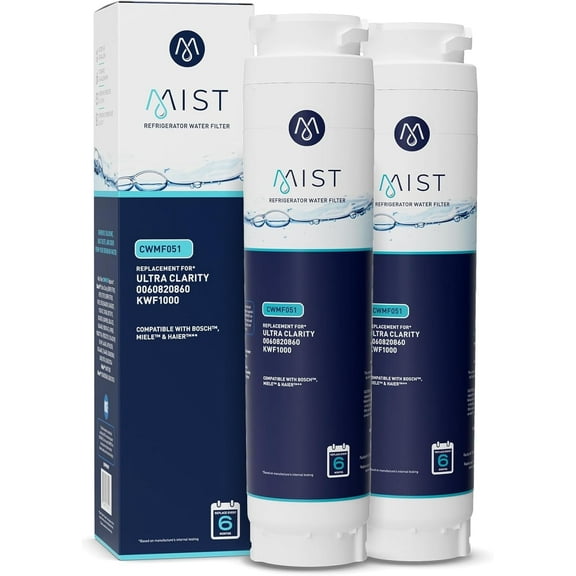 Mist Ultra Clarity Refrigerator Water Filter Replacement Cartridge for Bosch, Compatible with 644845, 9000077104, 9000194412, Haier 0060820860, 0060218744, Miele KWF1000, Bosch Water Filter, 2-Pack