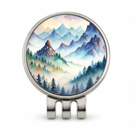 Mist Covered Mountains Misty Watercolor Golf Hat Clip with Removable Magnetic Ball Marker