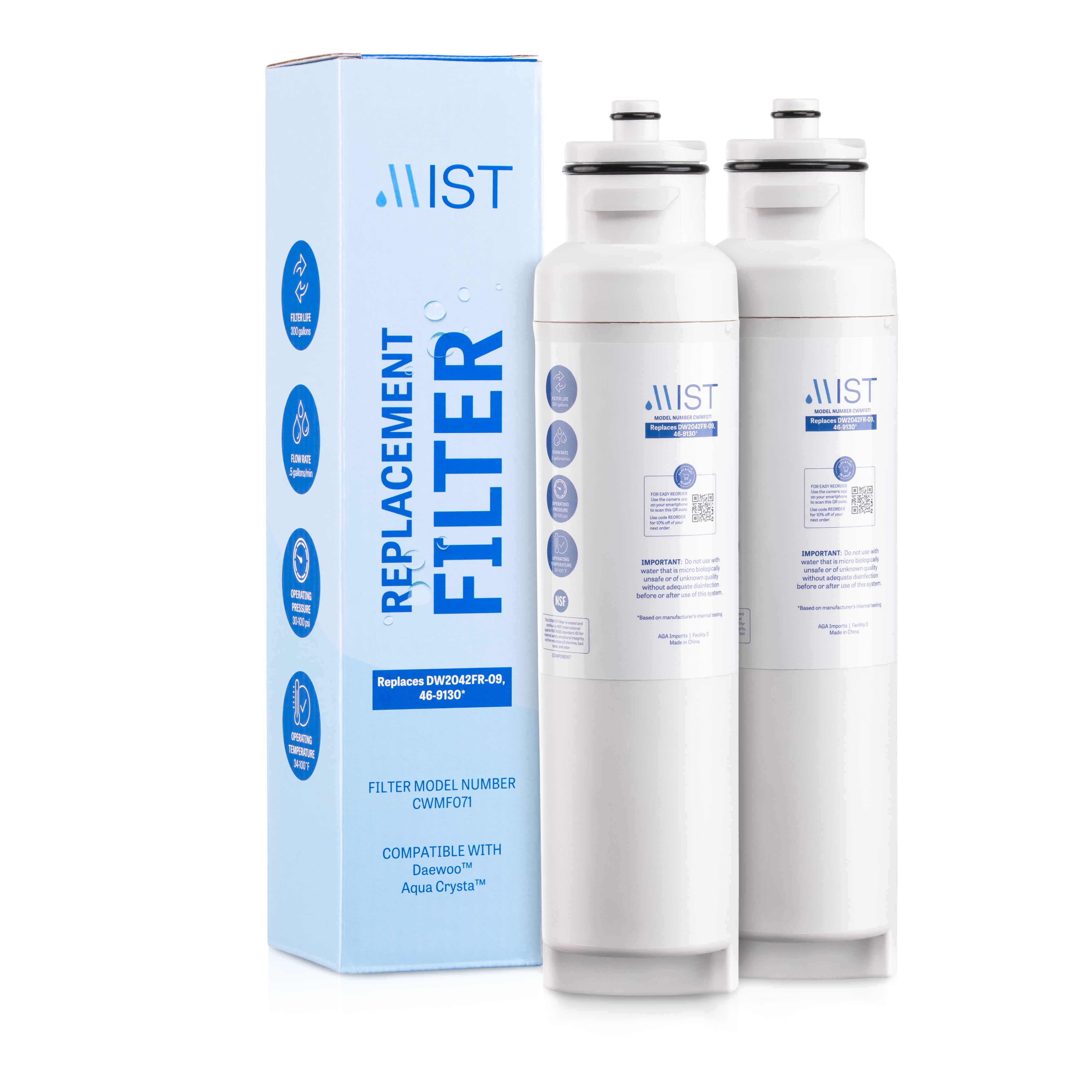 Mist DW2042FR-09 Water Filter Replacement for Daewoo, Refrigerator Water Filter Compatible with DW2042FR, Aqua Crystal DW2042F-09, Kenmore 46-9130. NSF Certified. Daewoo Water filter (2 pack)