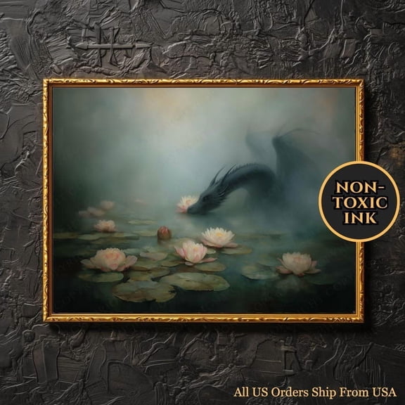 Mist Dragon Wall Art Horizontal Dragon Print Dark Fantasy Sea Creature Poster Botanical Majestic Water Serpent Mythological Monster Artwork 8X12 UNFRAMED