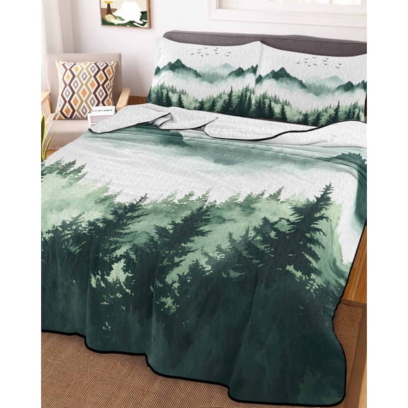 Mist Forest Mountain Full Size Down Alternative Comforter, Lightweight Comforter Quilt Bedding Set with Pillow Shams Watercolor Plant Nature Landscape All Seasons Bed Comforter Duvet Insert 78"x90"
