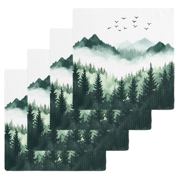 Mist Forest Mountain Kitchen Dish Towels for Drying Dishes Set of 4, Watercolor Plant Nature Landscape Waffle Weave Microfiber Hand Tea Bathroom Towels Quick Dry & Absorbent Towel 12x12