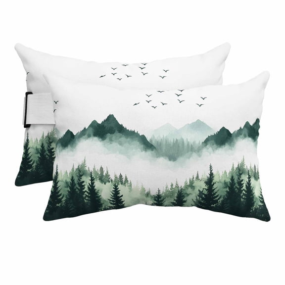 Mist Forest Mountain Outdoor Pillows for Chaise Lounge Chair Beach Headrest Pillow Set of 2 Waterproof Lumbar Pillows with Insert&Strap Watercolor Plant Nature Landscape Pillow for Patio Pool 12"x20"