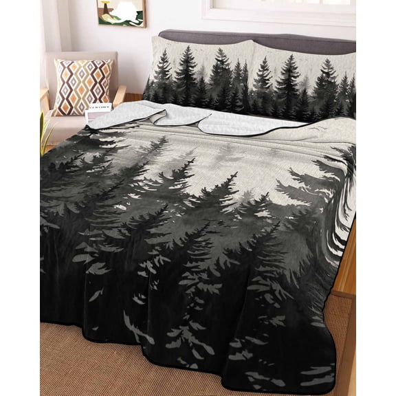 Mist Forest Queen Size Down Alternative Comforter, Lightweight Comforter Quilt Bedding Set with Pillow Shams Beige Farmhouse Vintage Nature Scenery All Seasons Bed Comforter Duvet Insert 90"x96"