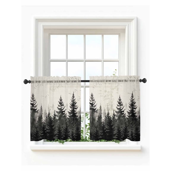 Mist Forest Tier Curtains 24 Inch Length,Sheer Curtains for Bedroom Living Room Window Beige Farmhouse Vintage Nature Scenery Rod Pocket Drapes Kitchen Curtains Small Half Window 27.5"x24" 2 Panels
