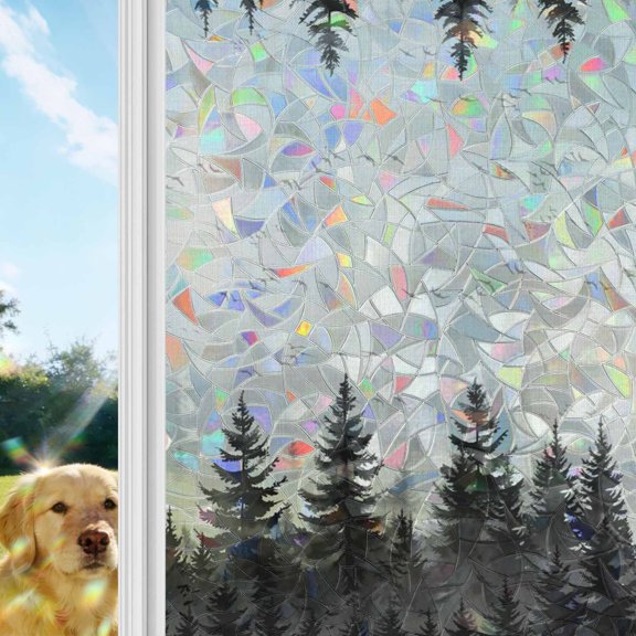 Mist Forest Window Privacy Film Stain Glass,Reusable Decorative Rainbow Window Film,Beige Farmhouse Vintage Nature Scenery Static Cling Sun Blocking Stickers Decals Covers 17.7" x 39.3" (2pcs)