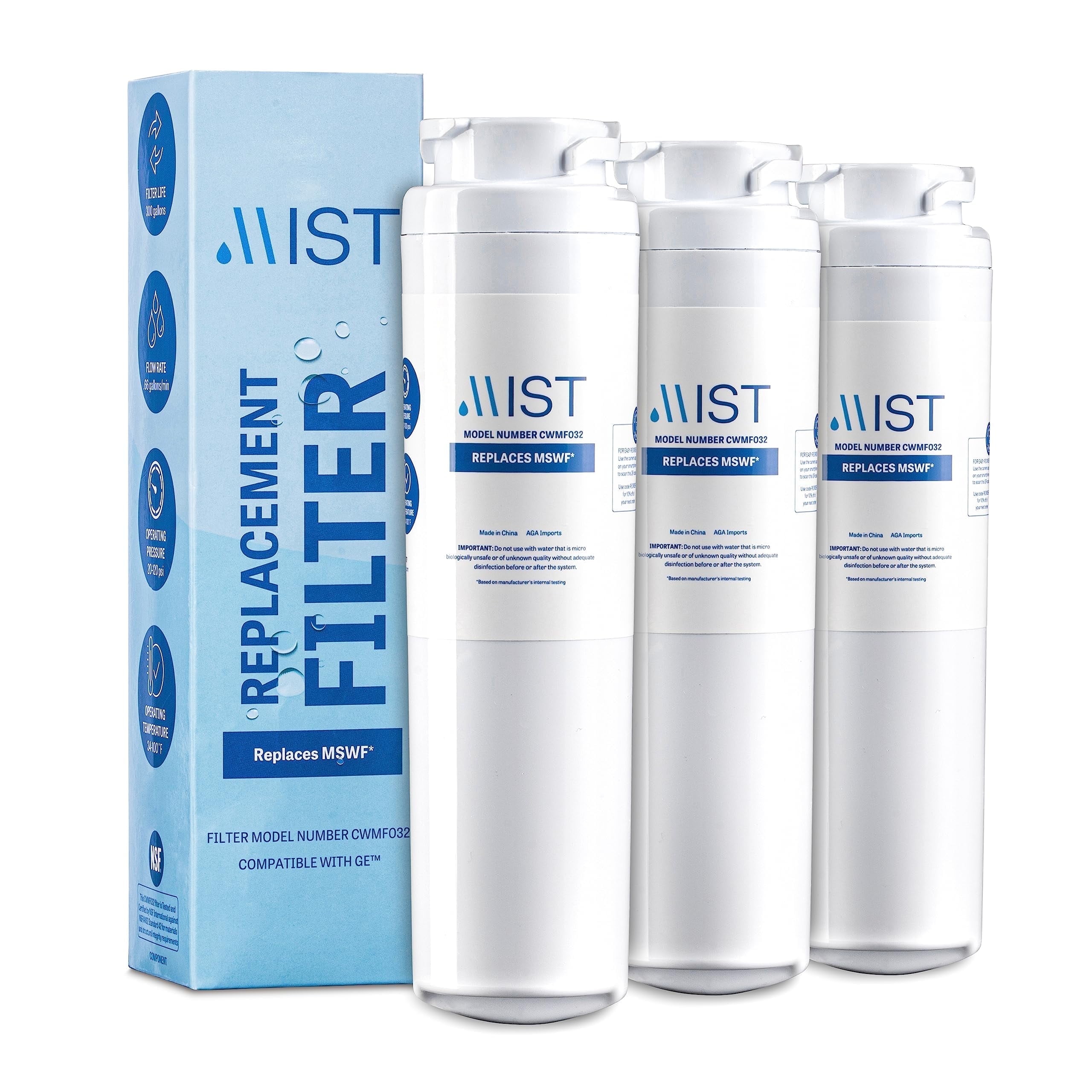 Mist MSWF Refrigerator Water Filter Replacement Cartridge for GE, Refrigerator Water Filter compatible with 101820A, 101821B, 101821. GE MSWF, 3-pack