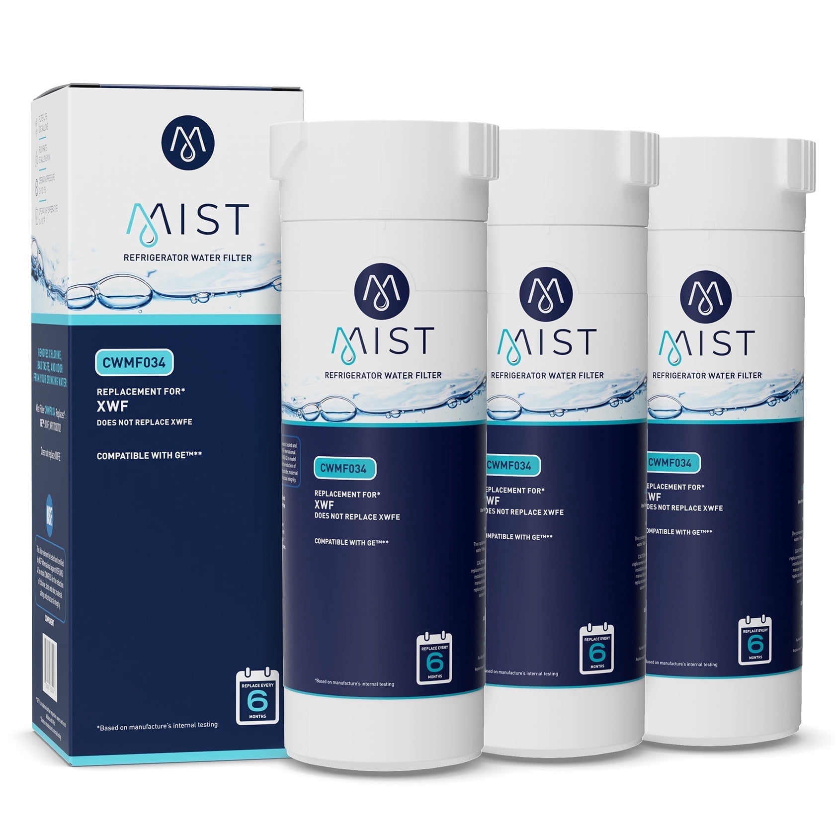 Mist XWF Refrigerator Water Filter Replacement Cartridge for GE, Compatible with GWE19JSLSS, WR17X30702, GBE21, GDE21, GDE25, GFE24 (Not XWFE) GE XWF Water Filter, 3-pack