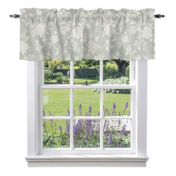 Mist Gray Flower Window Valance for Kitchen, Classic Green Rose Damask Shabby Chic French Country Rod Pocket Short Curtains for Small Windows, Light Filtering Decorative Valances, 42 x 18 Inches