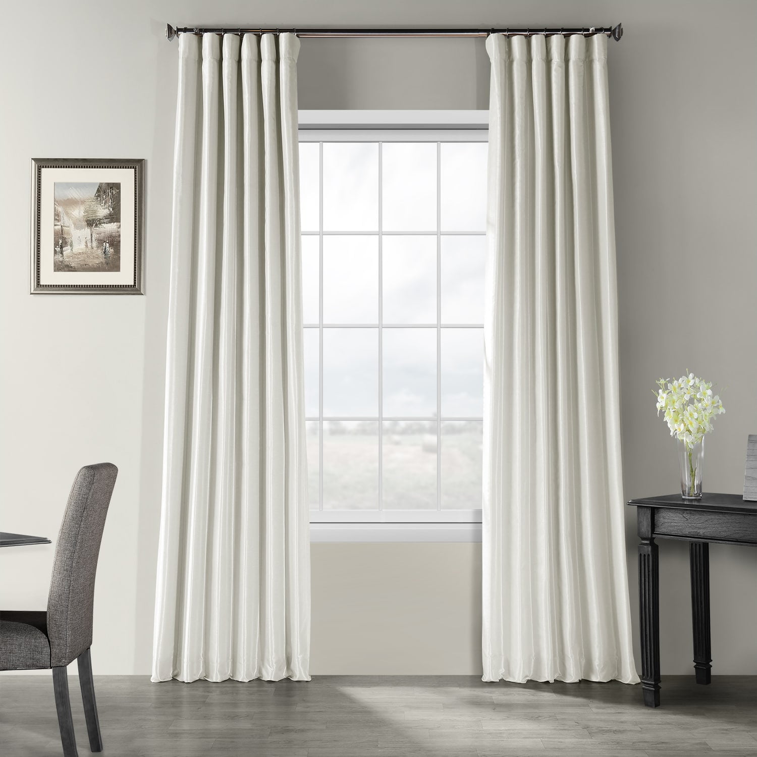 Mist Grey Faux Silk Room-Darkening Pleated Curtain Panel