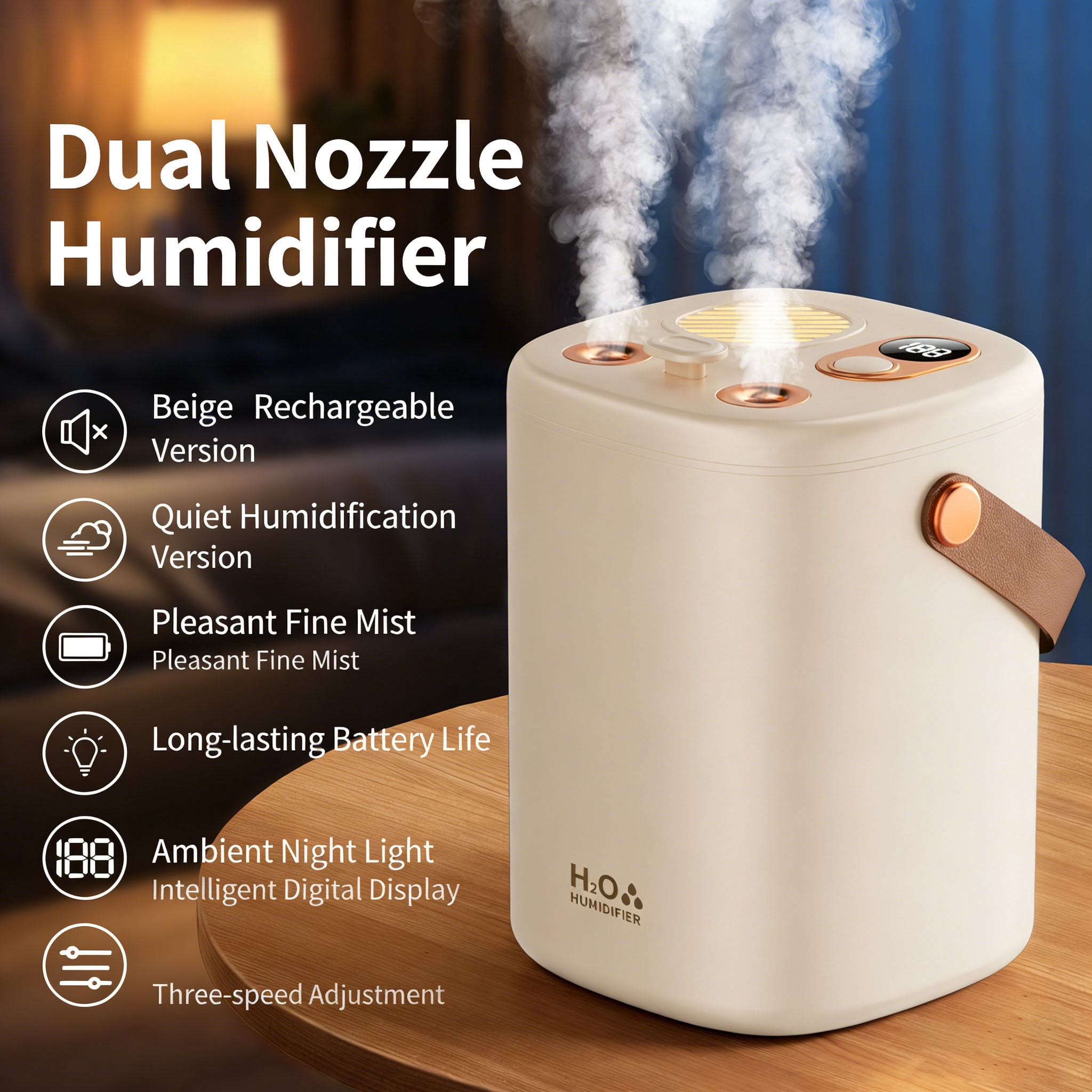 Mist Humidifier, Super Easy to Fill and Clean, Quiet Operation for Bedroom Home Baby & Plants,Digital Display,Charging Model，Beige