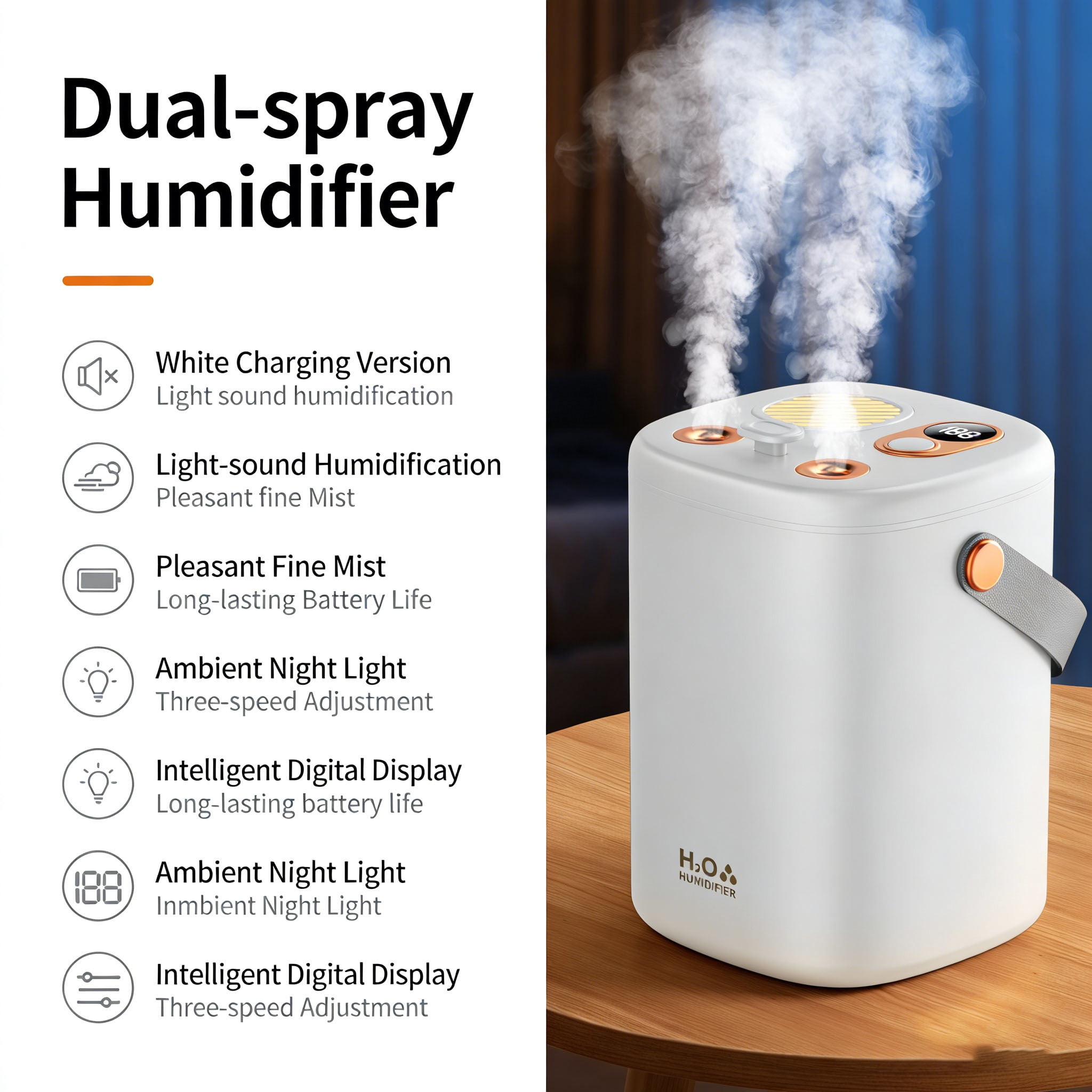 Mist Humidifier, Super Easy to Fill and Clean, Quiet Operation for Bedroom Home Baby & Plants,Digital Display,Charging Model，White