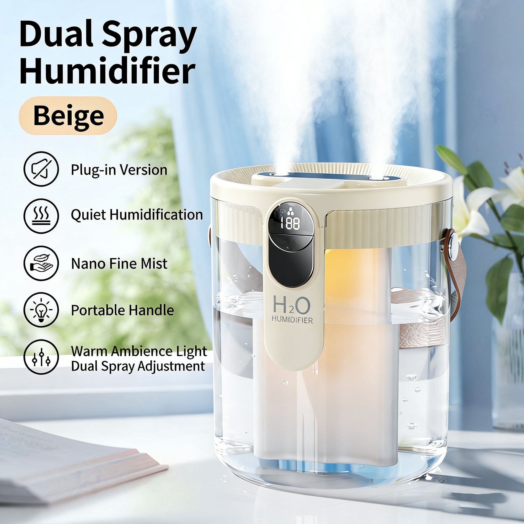Mist Humidifier, Super Easy to Fill and Clean, Quiet Operation for Bedroom Home Baby & Plants, Light Sound Humidifier,Beige-Second Nozzle