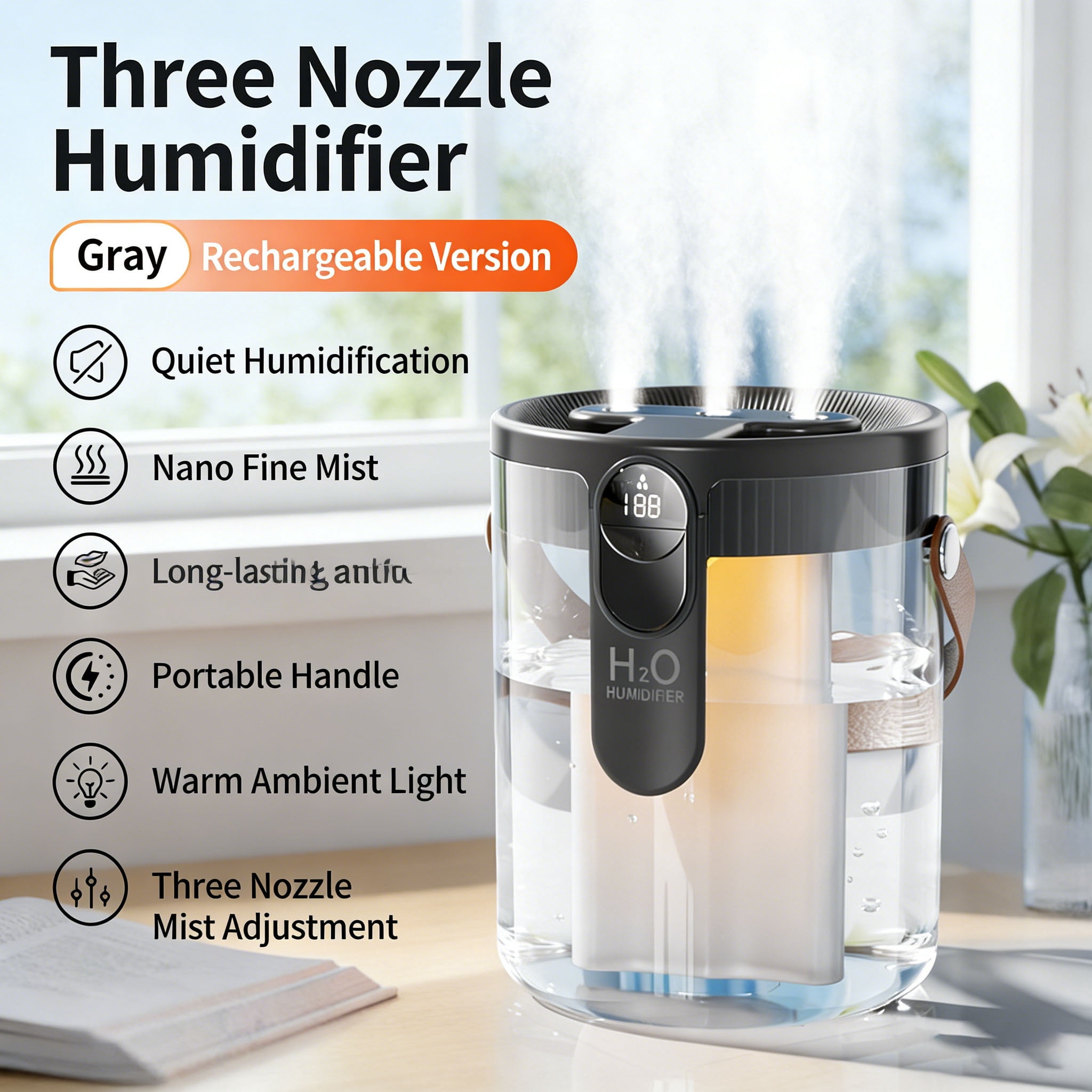 Mist Humidifier, Super Easy to Fill and Clean, Quiet Operation for Bedroom Home Baby & Plants, Light Sound Humidifier,Gray-Triple-Nozzle