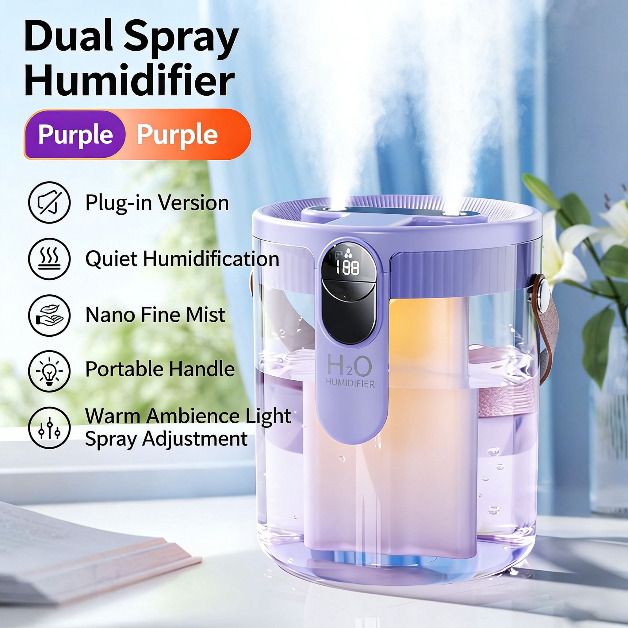 Mist Humidifier, Super Easy to Fill and Clean, Quiet Operation for Bedroom Home Baby & Plants, Light Sound Humidifier,Purple-Second Nozzle