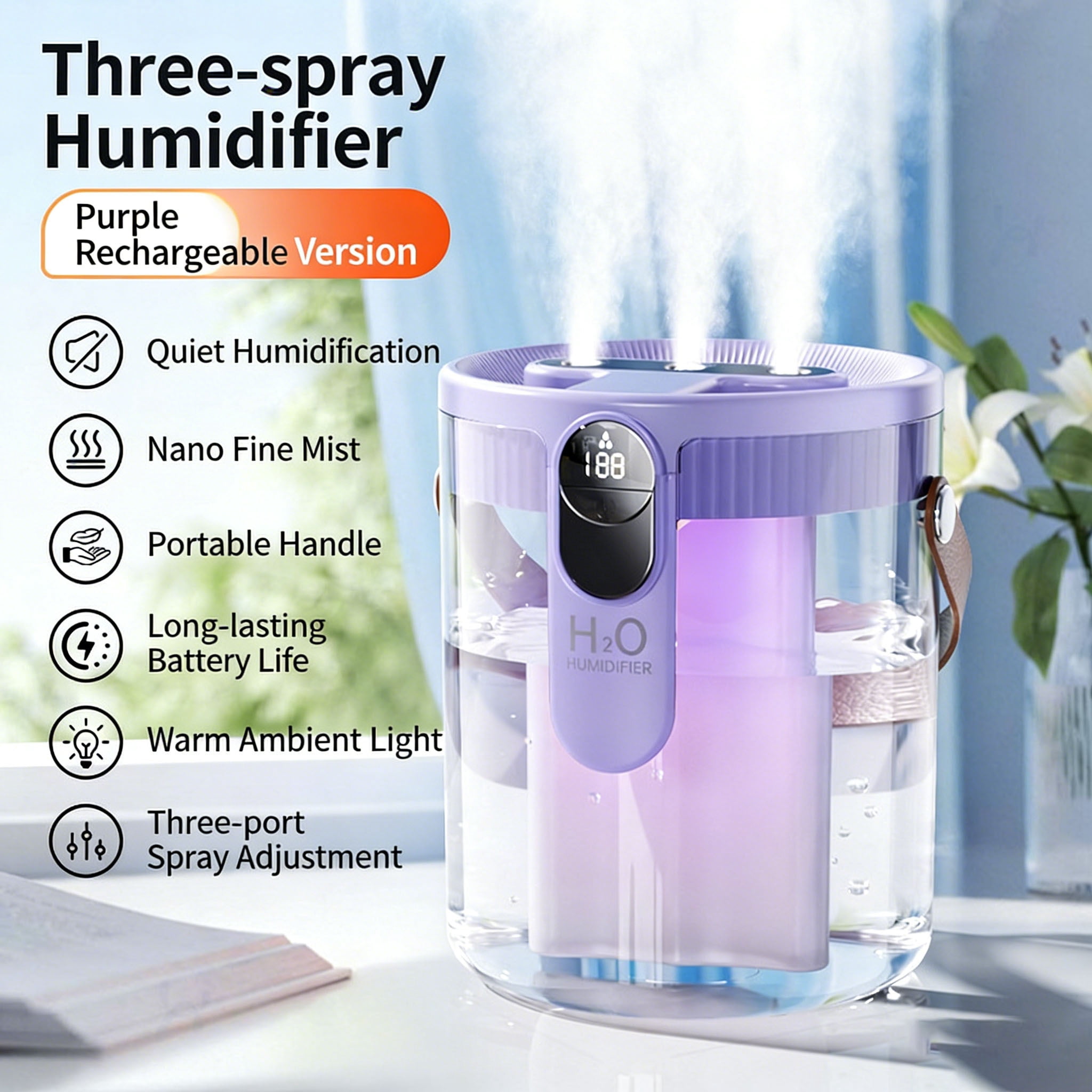 Mist Humidifier, Super Easy to Fill and Clean, Quiet Operation for Bedroom Home Baby & Plants, Light Sound Humidifier,Purple-Triple-Nozzle